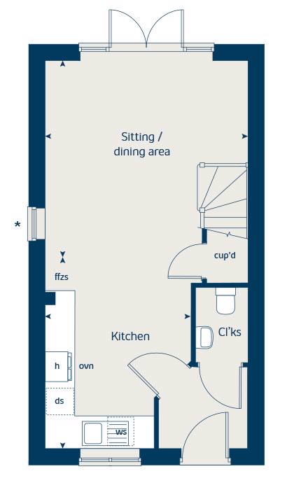 Ground floor floorplan of The Hawthorn II at Hounsome Fields A2 (BOVIS)